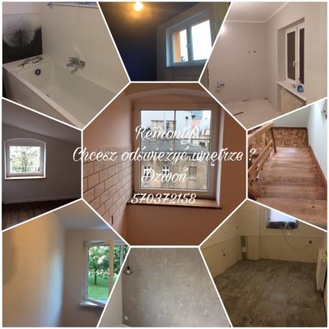 Kompozycja zdjęć przedstawiająca różne etapy prac remontowych: od łazienki z wanną, przez schody z drewnianą balustradą i tapetowaną ścianą, po pomieszczenia w trakcie przygotowania ścian...