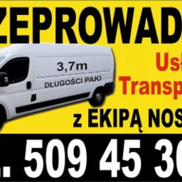 Żółto-czarna reklama usług transportowych i przeprowadzkowych z białym busem i numerem telefonu.