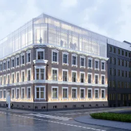 Wizualizacja budynku usługowego z ceglaną fasadą i nowoczesną szklaną nadbudówką, oświetlonego punktowymi lampami, z sylwetkami osób widocznymi wewnątrz szklanej konstrukcji.