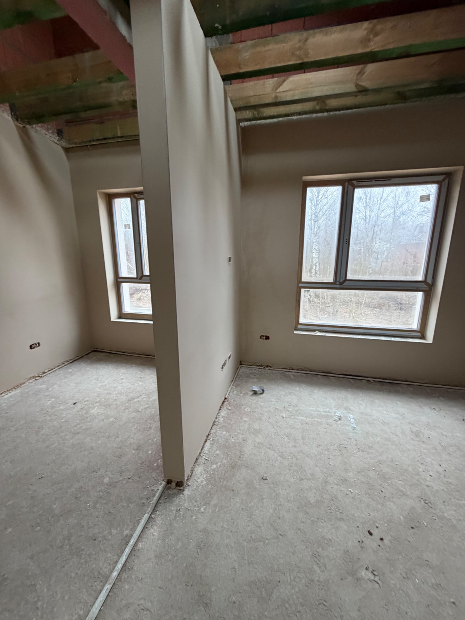 Wnętrze po nałożeniu tynków: gładkie, beżowe ściany, okna z widokiem na drzewa, surowa podłoga. Widoczny podział pomieszczenia ścianką działową.