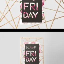 Plakat 'Black Friday' z motywem kwiatowym, zawieszony na klipsie na tle drewnianej konstrukcji z patyków, prezentowany w dwóch ujęciach.