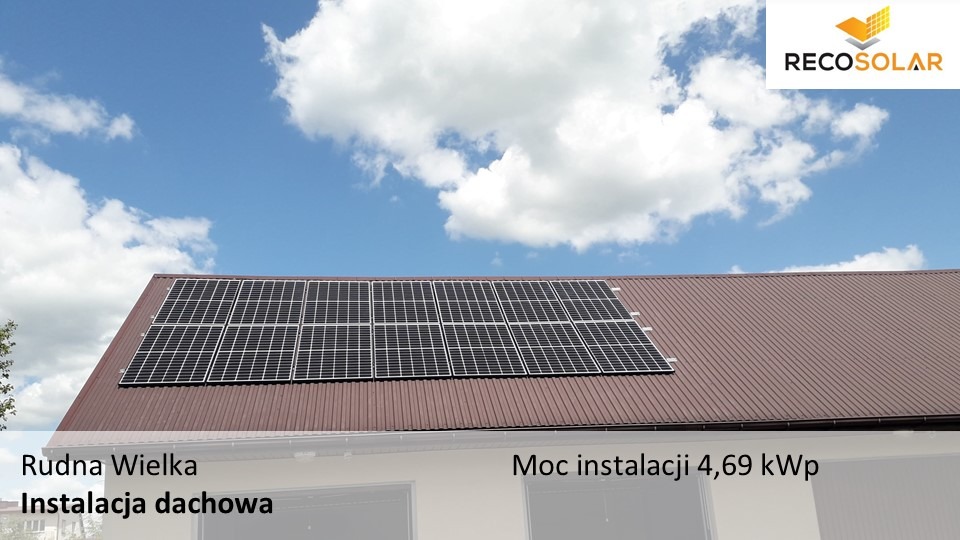 Panel słoneczny na brązowym dachu budynku jednorodzinnego, błękitne niebo z białymi chmurami w tle, logo firmy Reco Solar w prawym górnym rogu.