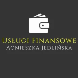 Grafika z logotypem: biały, uproszczony symbol portfela nad żółtym napisem 'USŁUGI FINANSOWE' i białym napisem 'AGNIESZKA JEDLIŃSKA' na ciemnoszarym tle.