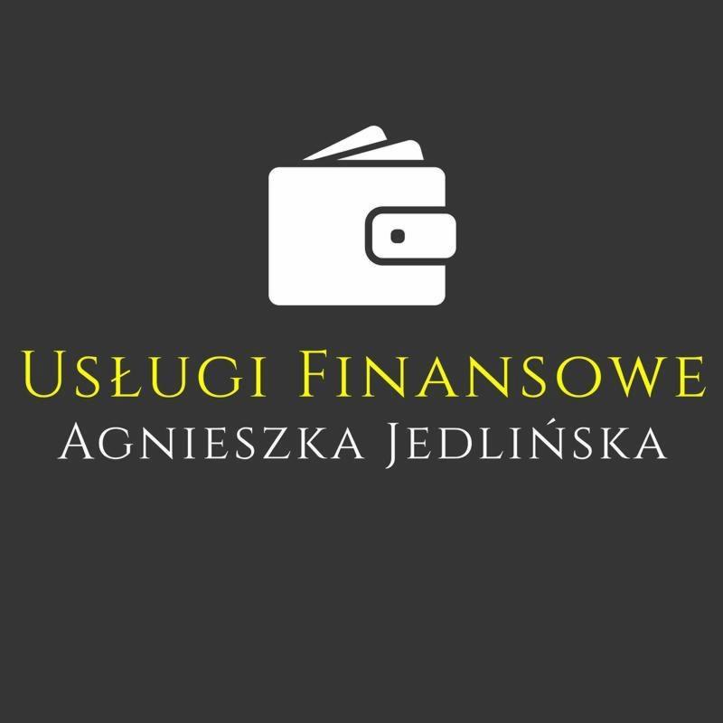 Grafika z logotypem: biały, uproszczony symbol portfela nad żółtym napisem 'USŁUGI FINANSOWE' i białym napisem 'AGNIESZKA JEDLIŃSKA' na ciemnoszarym tle.