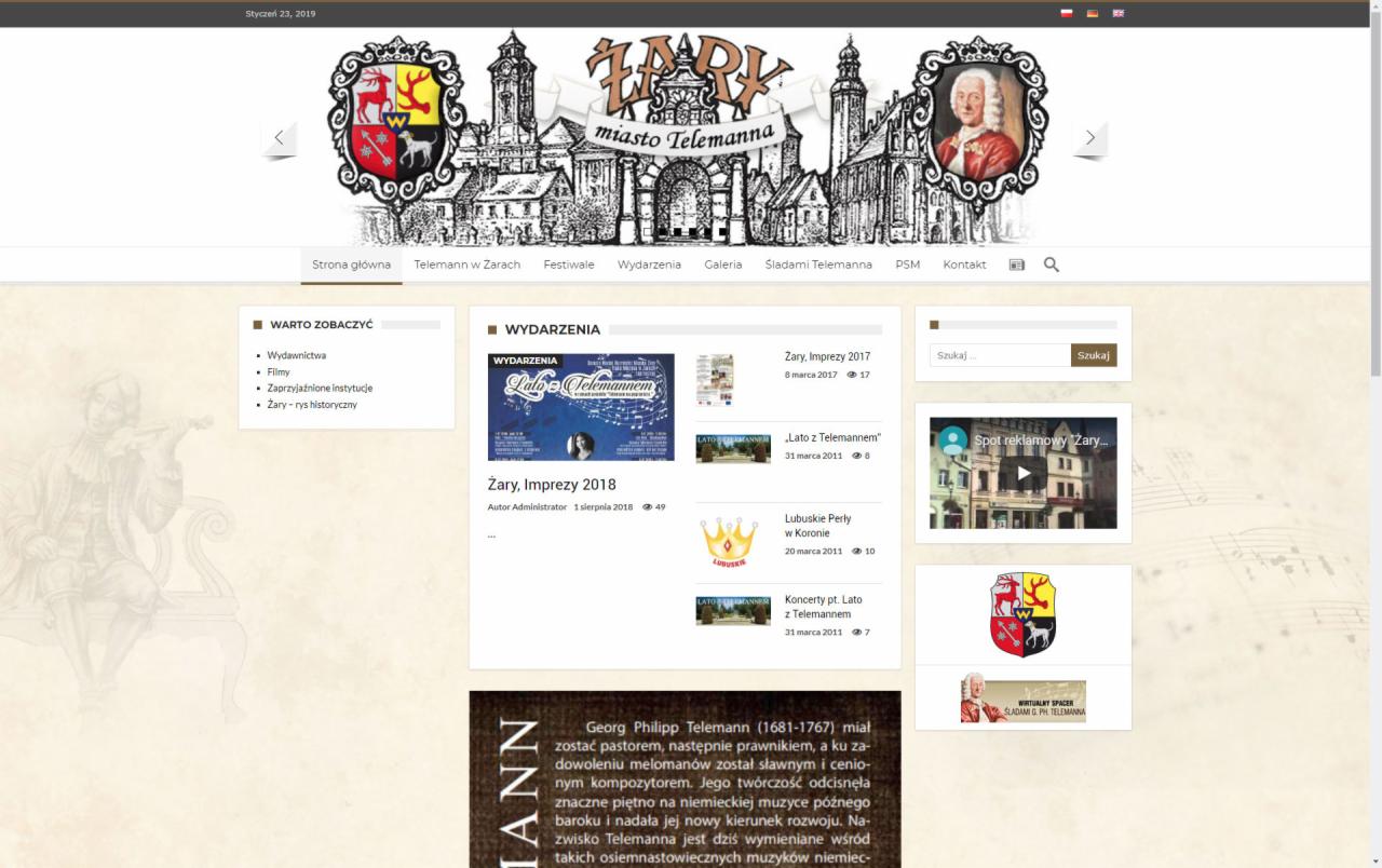 Strona internetowa miasta Żary z motywem Georga Philippa Telemanna, widok na układ graficzny z herbem, panoramą miasta i portretem kompozytora w nagłówku.