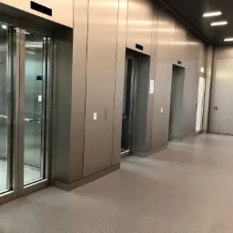 Szary, gładki korytarz z trzema windami o metalowych obudowach, oświetlony panelami sufitowymi.