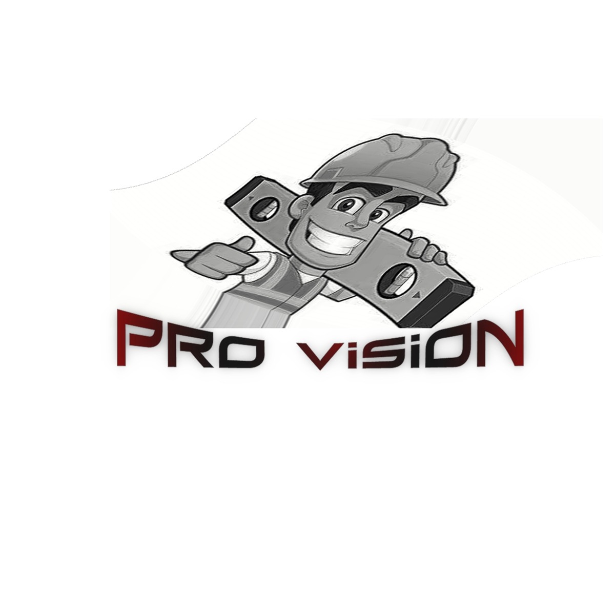 Karykatura uśmiechniętego pracownika w kasku, trzymającego poziomicę na ramieniu, z napisem 'PRO vision' poniżej.