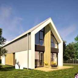 Paulina Gogacz-Formella archiPAGO - Wizualizacja nowoczesnego domu jednorodzinnego z dwuspadowym dachem, drewnianą elewacją i dużymi przeszkleniami, otoczonego zielonym ogrodem w słoneczny dzień.