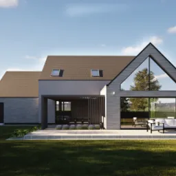 Wizualizacja nowoczesnego domu jednorodzinnego z szarej cegły, z dużym oknem w kształcie trójkąta i tarasem z meblami ogrodowymi, otoczonego zielonym trawnikiem i drzewami.