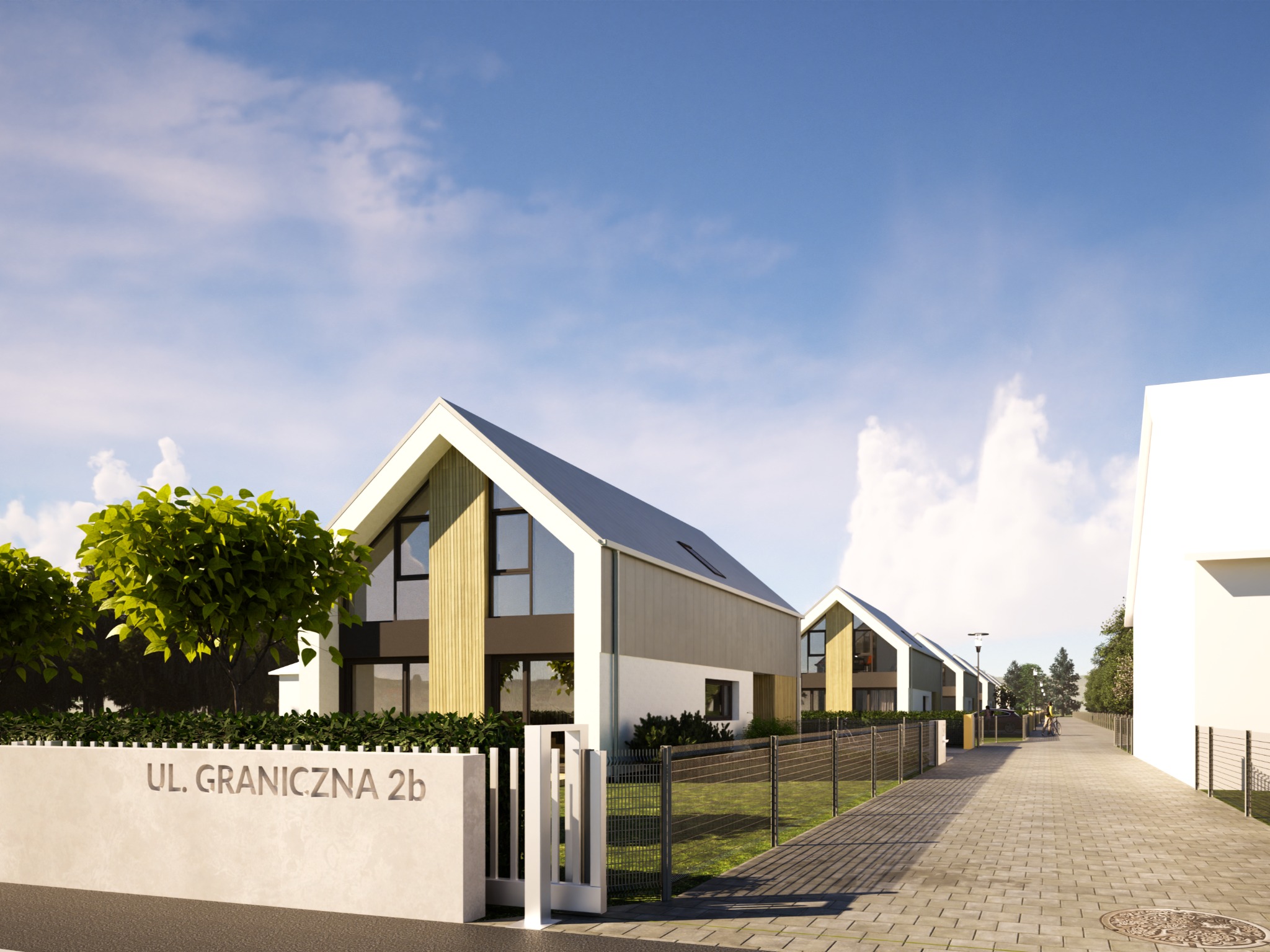 Wizualizacja osiedla domów jednorodzinnych z nowoczesną architekturą, ogrodzonych płotem i niskim murem z adresem 'Ul. Graniczna 2b' w słoneczny dzień.