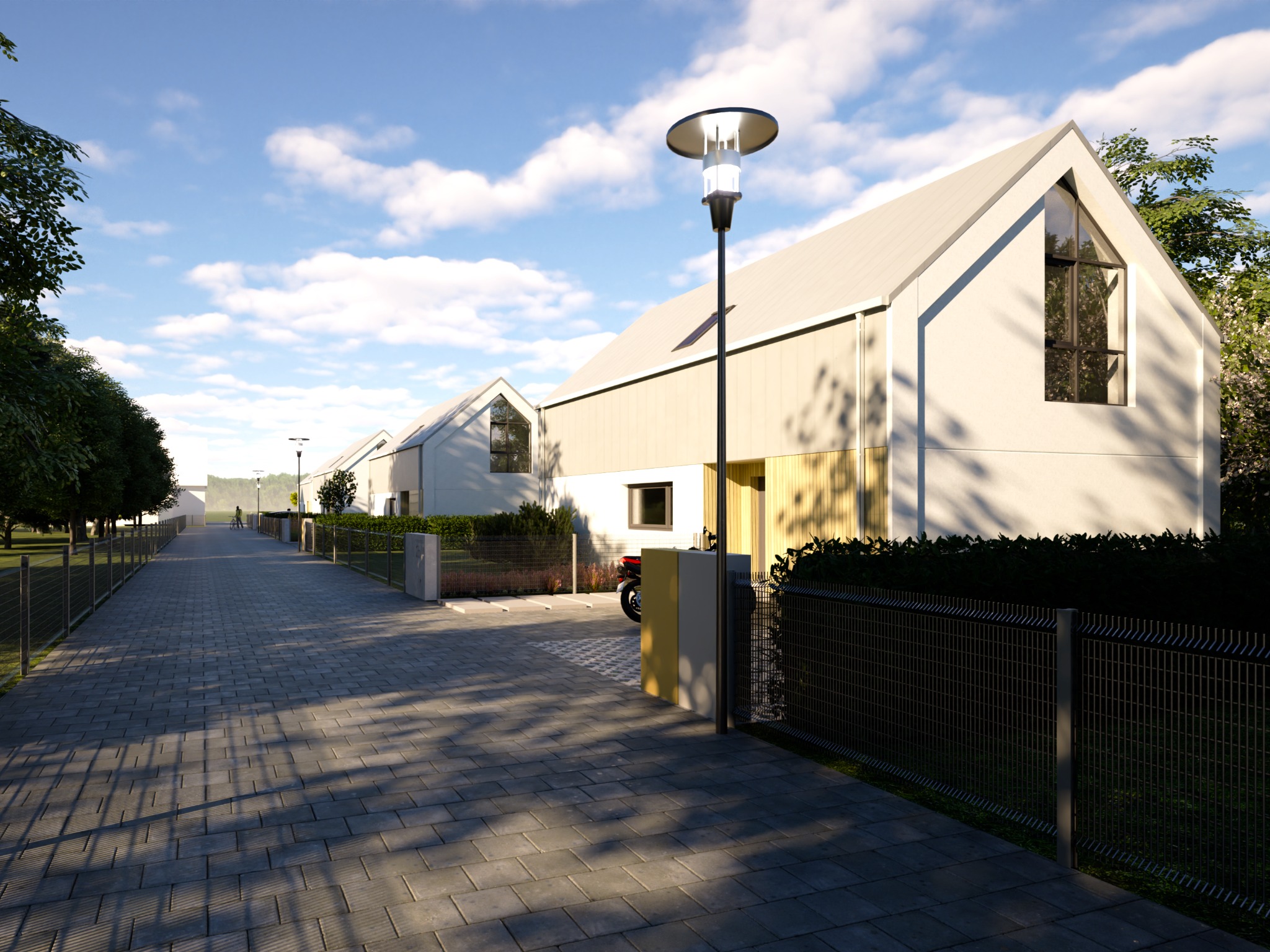 Wizualizacja osiedla domów jednorodzinnych w nowoczesnym stylu z elementami drewna, z chodnikiem z kostki brukowej i oświetleniem ulicznym. Słoneczny dzień.