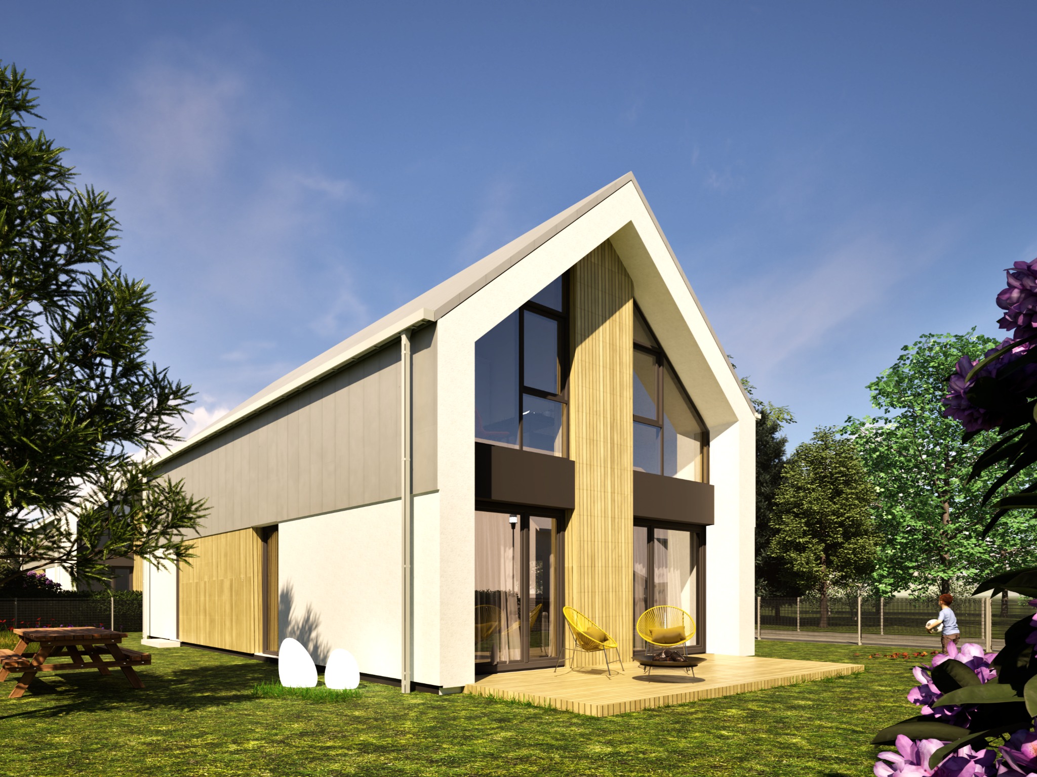 Wizualizacja nowoczesnego domu jednorodzinnego z dwuspadowym dachem, drewnianą elewacją i dużymi przeszkleniami, otoczonego zielonym ogrodem w słoneczny dzień.