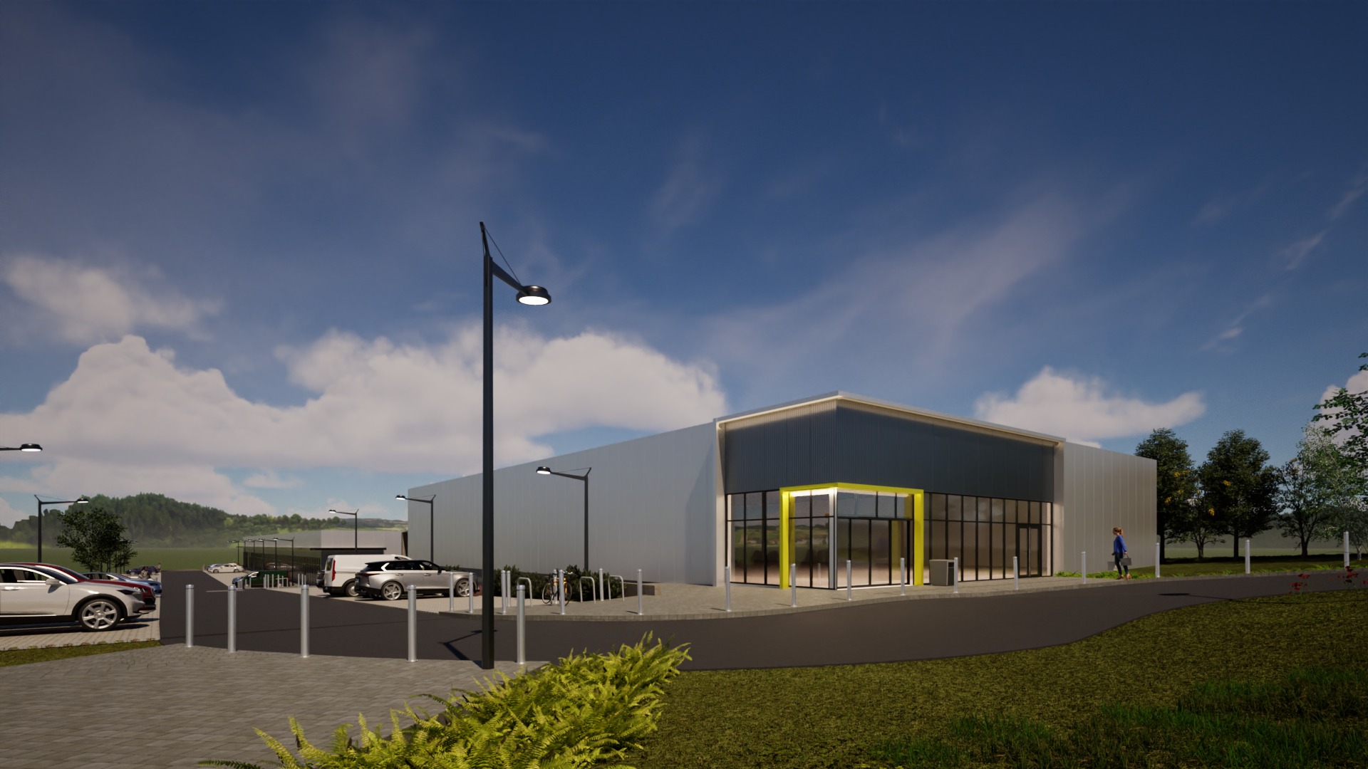 Wizualizacja budynku usługowego z parkingiem i żółtymi ramami okiennymi. Nowoczesna architektura z elementami krajobrazu. Błękitne niebo z chmurami w tle.