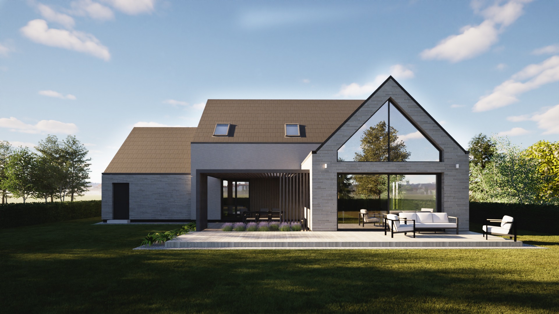 Wizualizacja nowoczesnego domu jednorodzinnego z szarej cegły, z dużym oknem w kształcie trójkąta i tarasem z meblami ogrodowymi, otoczonego zielonym trawnikiem i drzewami.