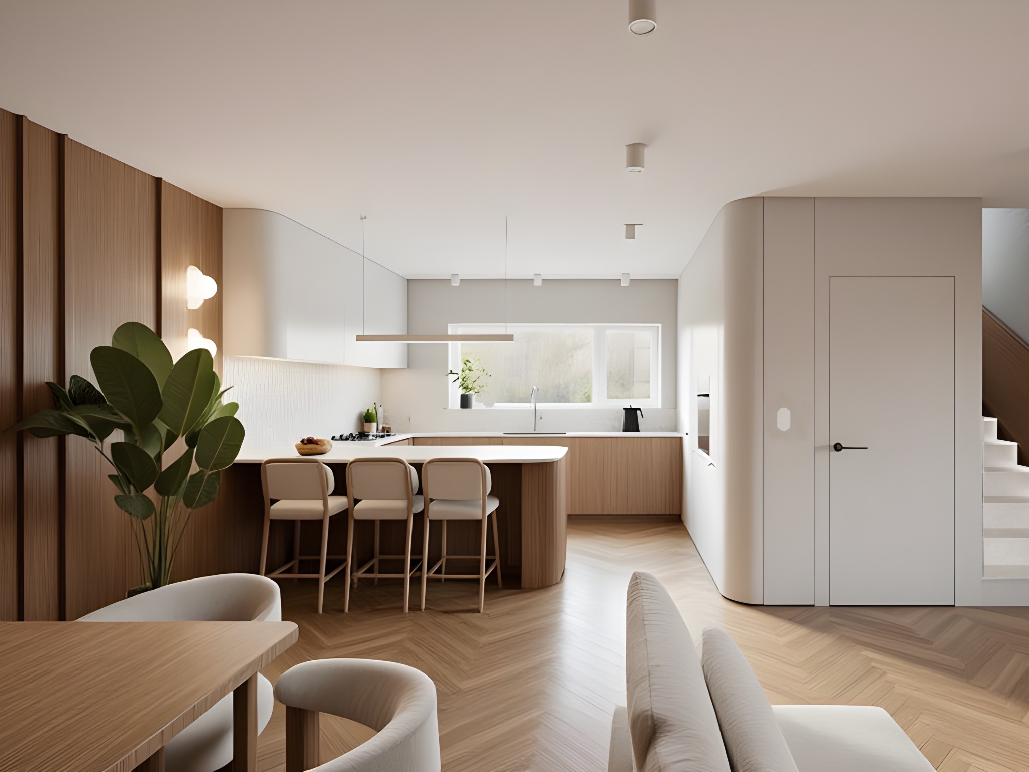 Jasne, przestronne wnętrze z drewnianą podłogą w jodełkę, wyspą kuchenną z krzesłami barowymi i schodami. Minimalistyczny design z roślinami doniczkowymi.