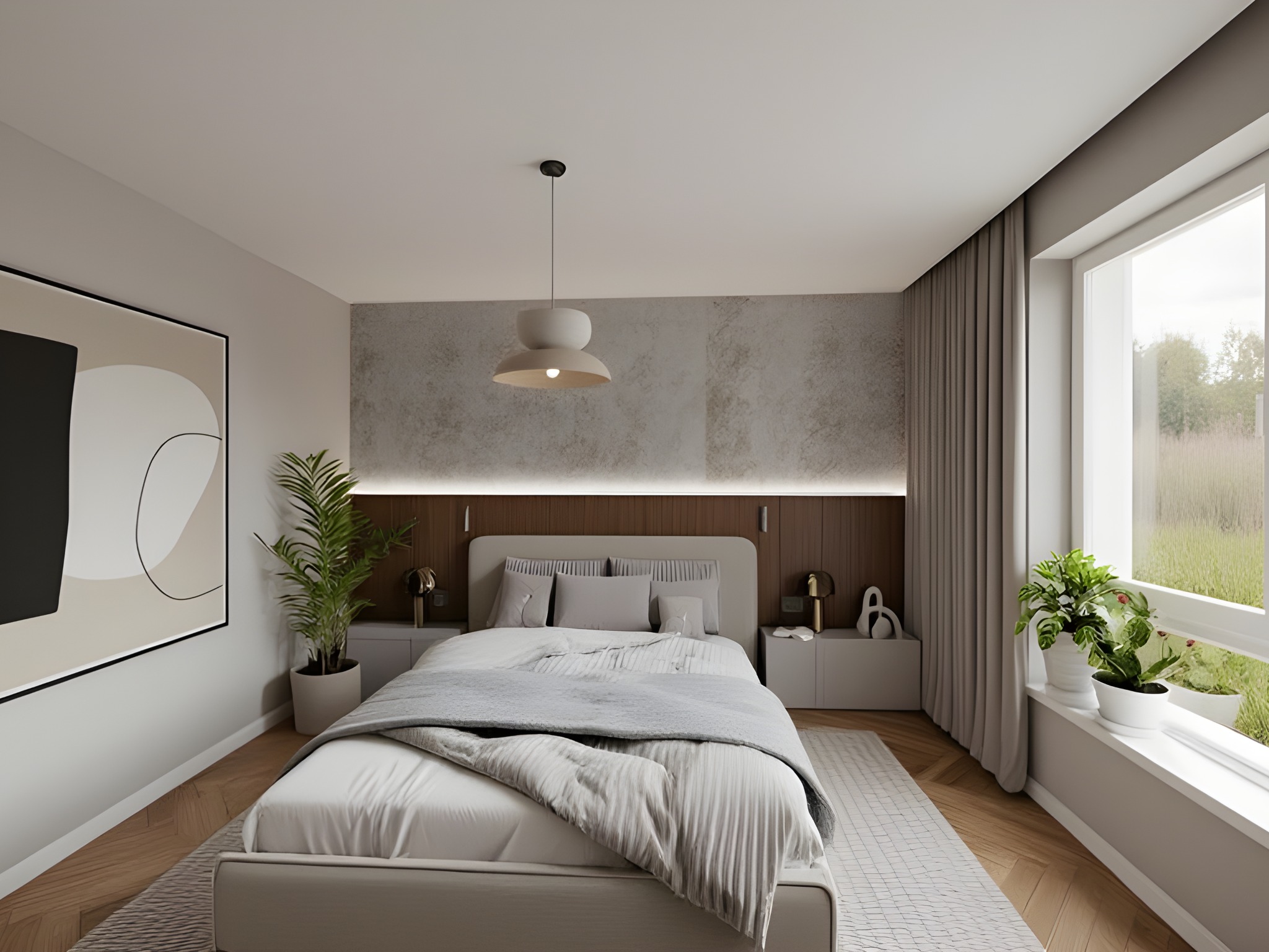 Jasna sypialnia z drewnianą podłogą, łóżkiem z szarą narzutą, roślinami w doniczkach i abstrakcyjnym obrazem na ścianie. Minimalistyczny design z akcentami natury.