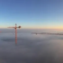 Panorama z wysokości dźwigu: trzy żurawie budowlane wystające z morza mgieł oświetlonych wschodzącym słońcem.