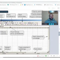 Szkolenie online z pakietu biurowego, widok ekranu z prezentacją arkusza kalkulacyjnego z zaznaczonymi elementami interfejsu oraz okno z wizerunkiem trenera.