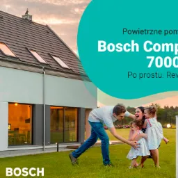 Rodzina z dwójką dzieci przed nowoczesnym domem jednorodzinnym z zainstalowaną powietrzną pompą ciepła Bosch Compress 7000i AW, widoczny również drugi model pompy ciepła. Promocyjna grafika na tle...