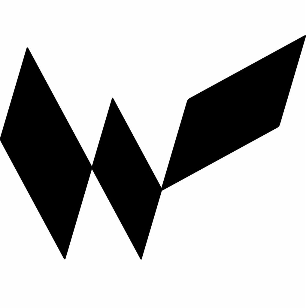 Abstrakcyjne logo w kształcie litery W, utworzone z czarnych rombów i trapezów na białym tle.