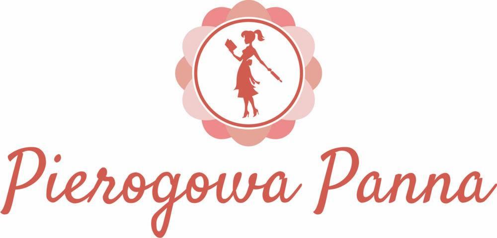Logo firmy Pierogowa Panna: sylwetka kobiety w fartuchu z wałkiem i książką kucharską w dłoni, otoczona różowymi kwiatami, nazwa firmy pisana odręcznie na dole.