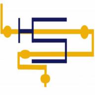 Schemat instalacji hydraulicznej w kolorach żółtym i granatowym, przedstawiający połączenia rur i zaworów na białym tle.