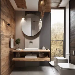 Nowoczesna łazienka z drewnianymi akcentami: okrągłe lustro, umywalka na drewnianym blacie, drewniana ściana i widok na drzewa za oknem.