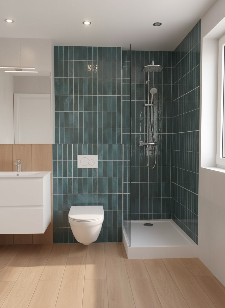 Nowoczesna łazienka z kabiną prysznicową typu walk-in, toaletą podwieszaną i umywalką. Ściany wyłożone pionowymi, turkusowymi płytkami. Jasne drewniane panele podłogowe.