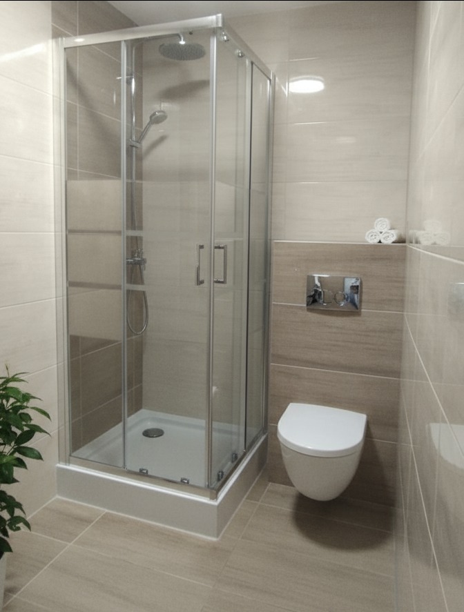 Nowoczesna kabina prysznicowa narożna z chromowanymi profilami, wisząca toaleta i beżowe płytki w wykończonej łazience. Minimalistyczny design, oświetlenie sufitowe.