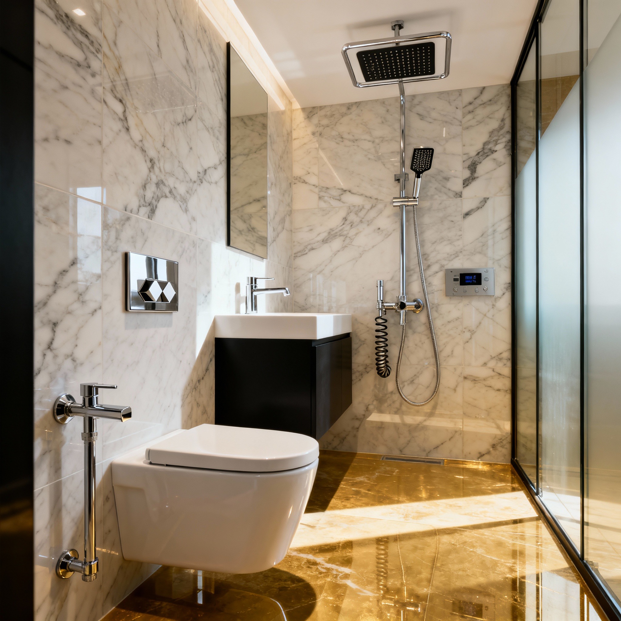 Elegancka łazienka z marmurowymi ścianami, podwieszaną toaletą i kabiną prysznicową typu walk-in. Złote płytki podłogowe odbijają światło, tworząc luksusowy efekt.