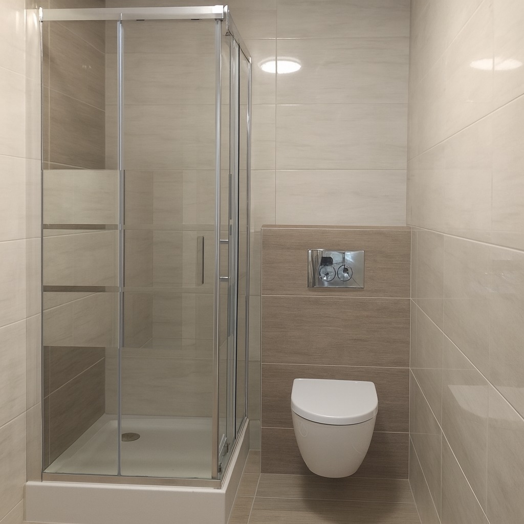 Nowoczesna łazienka z kabiną prysznicową i podwieszaną toaletą. Beżowe płytki na ścianach i podłodze. Minimalistyczny design, chromowana armatura.