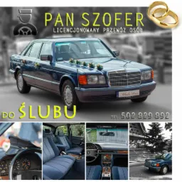 Niebieski Mercedes W123 udekorowany kwiatami, z wnętrzem w odcieniach granatu, prezentowany jako usługa przewozu do ślubu z widocznym numerem telefonu.