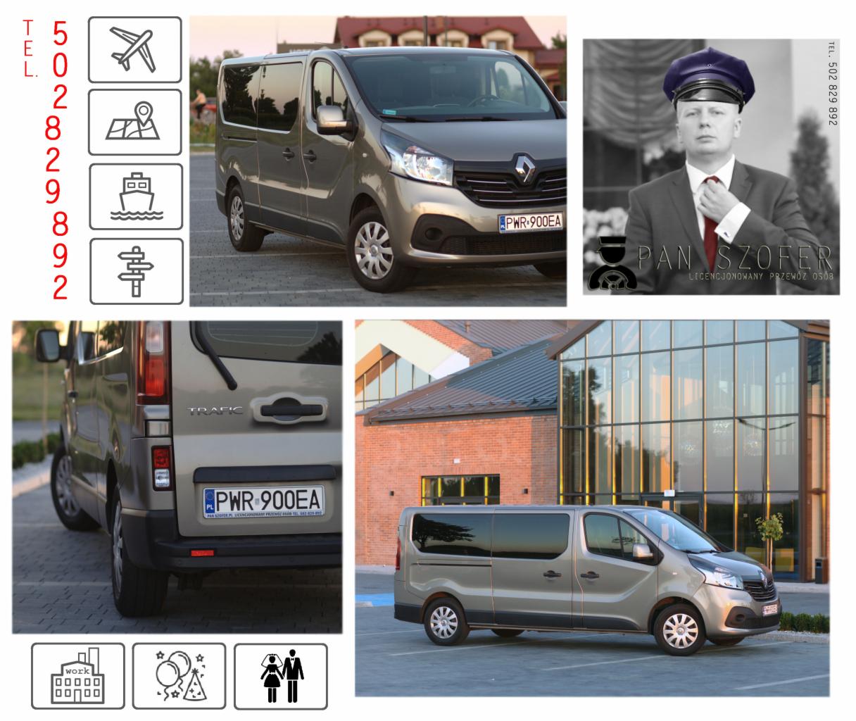 Srebrny van Renault Trafic z numerem rejestracyjnym PWR 900EA, prezentowany z różnych perspektyw, w kolażu z wizerunkiem kierowcy w uniformie i czapce, z napisem 'Pan Szofer' oraz ikonami...