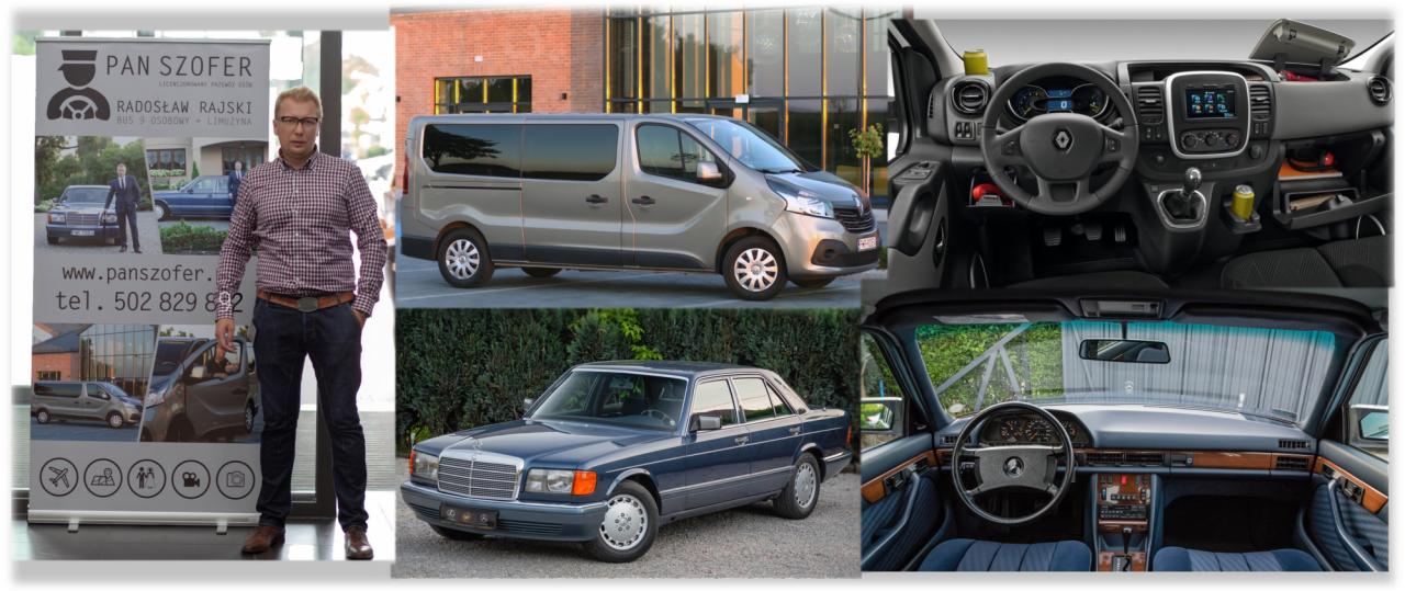 Mężczyzna w okularach stoi obok roll-upu firmy transportowej, prezentującego flotę pojazdów: srebrnego vana i granatowego Mercedesa, oraz wnętrza obu pojazdów.