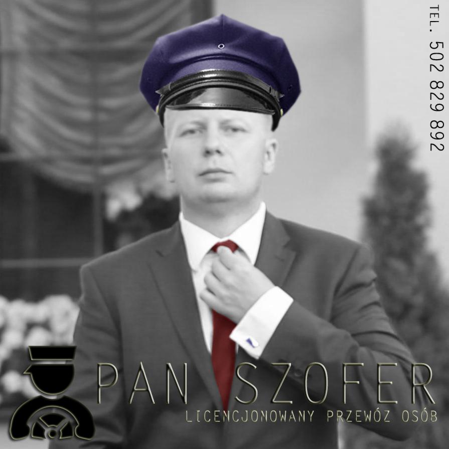 Portret mężczyzny w garniturze i czapce kierowcy, poprawiającego krawat, z logo firmy transportowej 'Pan Szofer' i numerem telefonu w tle.