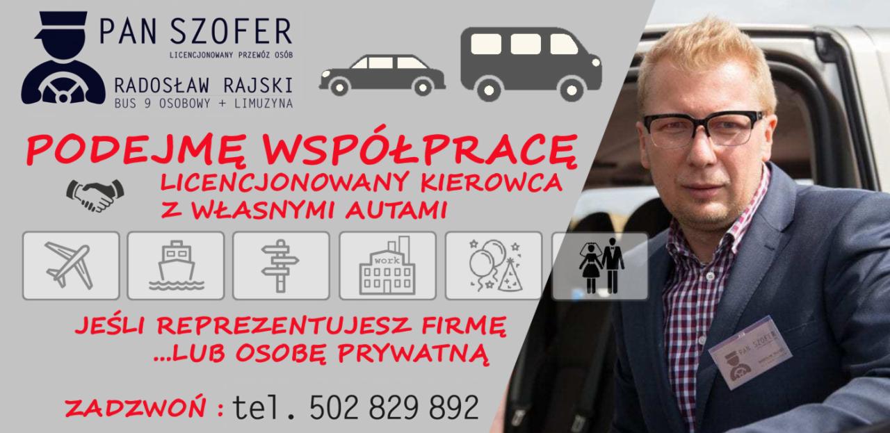 Reklama usług transportowych: wizerunek kierowcy w garniturze z identyfikatorem, grafiki samochodów, autobusu i limuzyny, ikony usług oraz hasło 'Podejmę współpracę, licencjonowany kierowca...