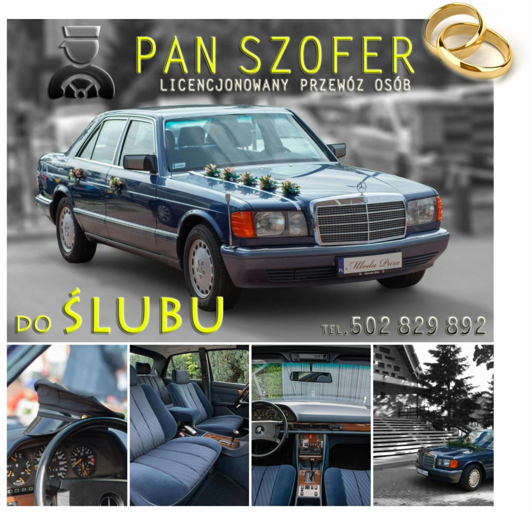 Niebieski Mercedes W123 udekorowany kwiatami, z wnętrzem w odcieniach granatu, prezentowany jako usługa przewozu do ślubu z widocznym numerem telefonu.