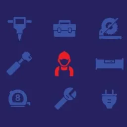 Ikony narzędzi budowlanych i remontowych na ciemnoniebieskim tle, z czerwoną ikoną postaci w centralnej części.