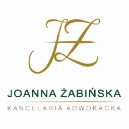 Eleganckie logo Kancelarii Adwokackiej Joanny Żabińskiej, złoty monogram 'JZ' nad zielonym napisem.