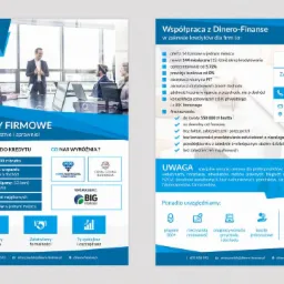 Ulotka reklamowa firmy Dinero-Finanse oferującej kredyty firmowe, z informacjami o ofercie, warunkach i korzyściach, logo firmy oraz dane kontaktowe.