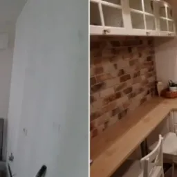 Zdjęcie porównawcze: po lewej surowa ściana z metalowymi profilami i drabiną, po prawej wykończona kuchnia w stylu rustykalnym z ceglaną ścianą, drewnianym blatem i białymi szafkami.