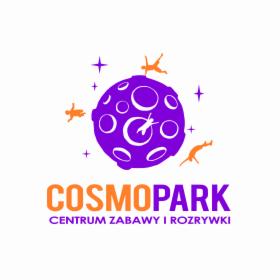 Grafika z fioletową planetą z białymi okręgami i pomarańczowymi sylwetkami dzieci w locie, otoczona fioletowymi gwiazdami, nad pomarańczowym napisem COSMOPARK i szarym CENTRUM ZABAWY I ROZRYWKI.