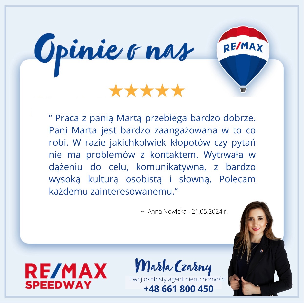 Opinia o agencie nieruchomości Marta Czarny z logo RE/MAX, zawierająca pięć gwiazdek i pozytywną recenzję od klientki Anny Nowickiej z datą 21.05.2024 oraz dane kontaktowe.