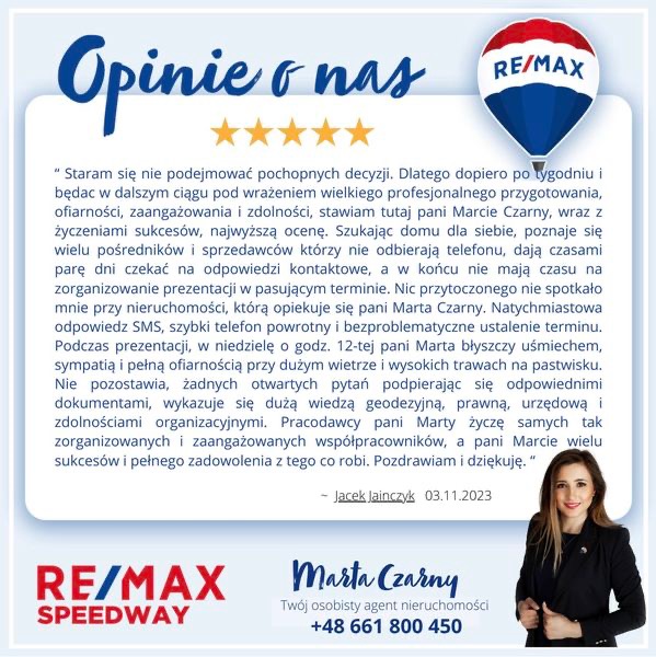 Grafika z pozytywną opinią klienta o agencie nieruchomości Marta Czarny z RE/MAX Speedway, zawierająca tekst rekomendacji, logo firmy, imię i nazwisko agenta oraz numer telefonu.