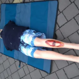 Manekin z symulacją otwartej rany na podudziu, leżący na niebieskiej macie na kostce brukowej.