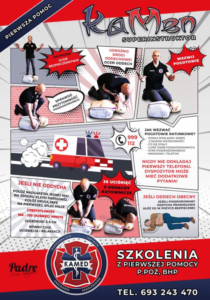 Infografika z instrukcjami udzielania pierwszej pomocy: ocena bezpieczeństwa, udrożnianie dróg oddechowych, wzywanie pogotowia, uciskanie klatki piersiowej, pozycja bezpieczna.