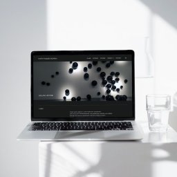 Studio pani B. Barbara Pisz - Laptop z otwartą stroną internetową artystki Marty Wojciechowskiej, prezentującą szklane rzeźby. Minimalistyczny design, szklanka wody obok.