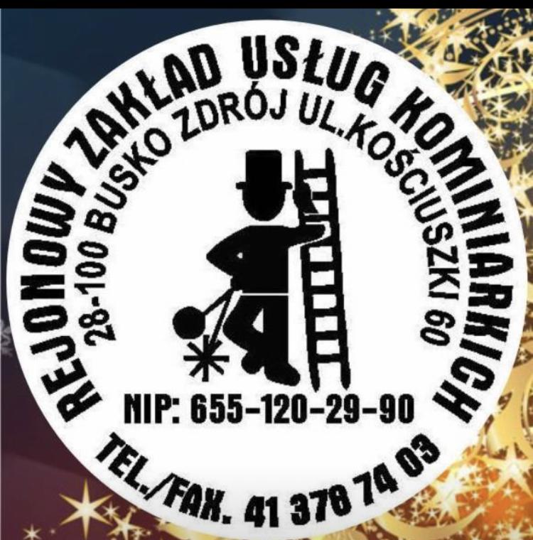 Logo firmy świadczącej usługi związane z czyszczeniem przewodów kominowych, z sylwetką kominiarza, drabiną i adresem. Tło w odcieniach złota.