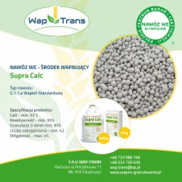 Wapno granulowane Supra Calc, nawóz WE - środek wapnujący, prezentacja produktu z informacjami o specyfikacji, worki 40kg i 600kg, logo producenta Wap Trans.