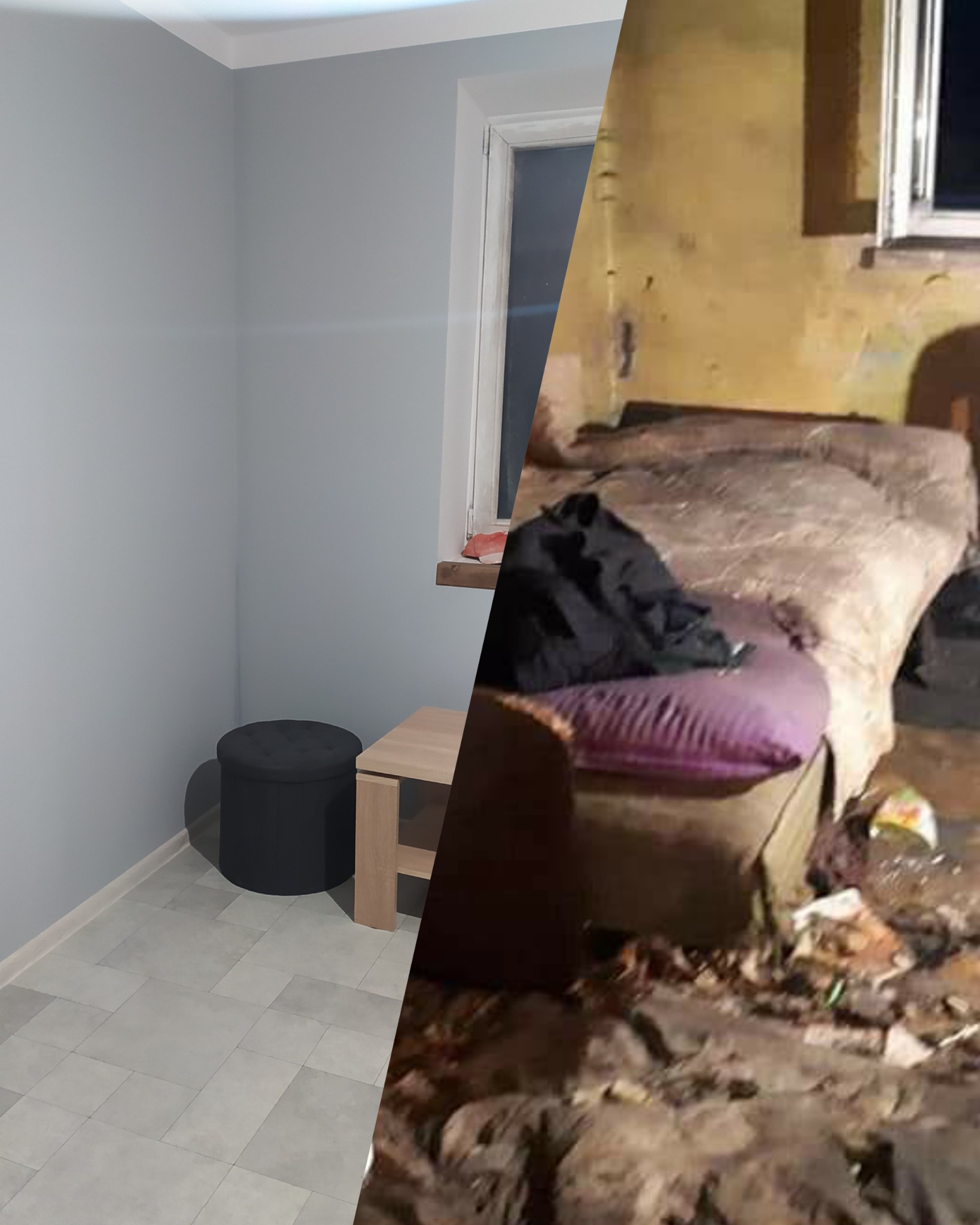 Kadr podzielony na pół: po lewej czysty, odnowiony pokój z szarą ścianą, pufą i jasną podłogą; po prawej zagracony, zniszczony pokój z brudnym łóżkiem i śmieciami na podłodze.